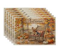 Lot de 6 sets de table en forme de chien Fall Yorkies - 30,5 x 45,7 cm - Citrouilles et oiseaux - Décoration saisonnière pour salle à manger, vacances d'automne, décoration de la maison et de la