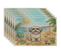 Lot de 6 sets de table en forme de chien havanais mignon - 30,5 x 45,7 cm - Motif coquillage de plage côtière - Pour salle à manger, vacances d'animaux domestiques, décoration de cuisine