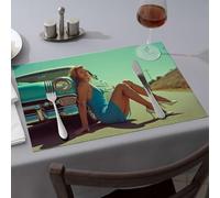 Lot de 6 sets de table en silicone avec inscription « A Woman in A Blue Dress Sits On The Hood of A Classic Car Dining » pour comptoir de cuisine, cuisine et dini