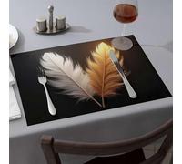 Lot de 6 sets de table en silicone pour comptoir de cuisine, motifs plumes dorées et argentées sur fond noir