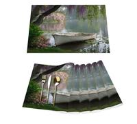 Lot de 6 sets de table en vinyle motif bateau sur l'eau Motif paysage floral Pour table de salle à manger, cuisine, résistant à la chaleur, lavable et lavable