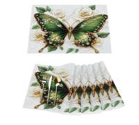 Lot de 6 sets de table en vinyle motif papillon vert ailes dorées pour tables de salle à manger, sets de table de cuisine, résistants à la chaleur, lavables et lavables en PVC