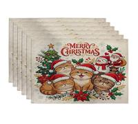 Lot de 6 sets de table exotiques en forme de chat à poils courts Marry Christmas Tree - 30,5 x 45,7 cm - Père Noël et bonhomme de neige - Pour la maison, la salle à manger, les vacances, les fêtes de