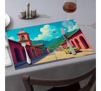 Lot de 6 sets de table faciles à nettoyer avec une voiture jaune garée dans une rue pittoresque avec des bâtiments colorés