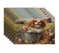 Lot de 6 sets de table imprimés de chien Cavalier King Charles Spaniel de Pâques, 30,5 x 45,7 cm, motif chiot de grange de ferme, pour salle à manger, vacances de campagne, décoration de cuisine