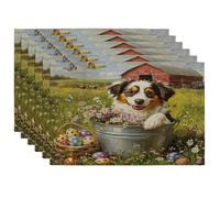 Lot de 6 sets de table imprimés pour le printemps, Pâques, motif chien Bretagne, 30,5 x 45,7 cm, motif chiot de grange de ferme, décoration de cuisine