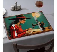 Lot de 6 sets de table jaunes « A Woman in a red dress » cousu sous une pleine lune - Sets de table rustiques en silicone pour cuisine