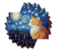 Lot de 6 Sets de Table La Nuit Étoilée Chat, Van Gogh Peinture À l'huile, Lavable, Sets de Table en Lin imprimé, Résistantes à la Chaleur Antidérapant, pour Fête, Cuisine, 45x30 cm, Bleu Orange