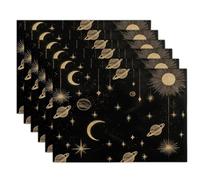 Lot de 6 Sets De Table Lavable Étoiles De La Lune 45x30cm, Univers De Rêve Set De Table Rectangulaire pour Décoratif Table De Salle à Manger Cuisine Restaurant Toile De Lin, Noir