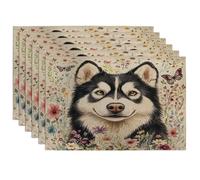 Lot de 6 sets de table lavables en forme de chien malamutes de l'Alaska, 30,5 x 45,7 cm, motif floral vintage pour salle à manger, fête d'animaux domestiques, décoration de cuisine