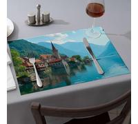 Lot de 6 sets de table lavables - Un village pittoresque au bord du lac avec architecture historique - Sets de table nichés - Décoration d'intérieur rustique - Cadeaux pour filles dorées