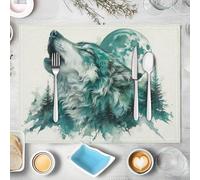 Lot de 6 Sets de Table Loup Lune Pin, Nature Faune Sauvage Bleu-Vert Sets de Table Résistants à la Chaleur, Antidérapants Imperméables, Décoration pour Intérieure Vacances Fête 45x30cm