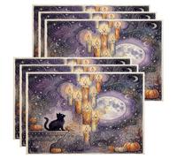 Lot de 6 sets de table Motif chat magique et bougies flottantes Halloween