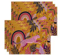 Lot de 6 sets de table motif léopard arc-en-ciel - Motif feuilles bohémiennes - Pour table de salle à manger, décoration vive - Antidérapants - Lavables - Pour intérieur et extérieur
