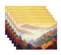 Lot de 6 Sets de Table Paysage De Montagne d'automne, Dessous de Table Lavable Vallée Brumeuse Facile à Nettoyer et Stocker pour Décoration de Fêtes et Vacances, Jaune