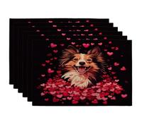 Lot de 6 sets de table pour la Saint-Valentin, motif chien berger des Shetland, 30,5 x 45,7 cm, motif chiot en forme de cœur amusant pour la maison, le dîner, les amoureux des animaux domestiques, les