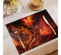 Lot de 6 Sets de Table Rectangulaire Imprimé Style d'art Abstrait, Dessous de Tables Antidérapants en Coton et Lin, Dessous Assiette Lavables et Fleurs de Flamme Ardente pour Cuisine Décor de Table