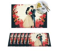 Lot de 6 sets de table résistants à la chaleur antidérapants pour table de salle à manger Just Married - En PVC tissé - Lavables - Pour intérieur et extérieur - 30,5 x 45,7 cm