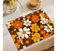 Lot de 6 Sets de Table Rétro Mode, 45x30cm Set de Table Couleur Orange imprimés Marguerite Fleurs Lavable, antidérapants Coton et Lin, pour fête Cuisine Salle à Manger décoration