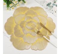 Lot de 6 sets de table ronds en vinyle pressé pour table de salle à manger, décoration de cuisine - Lavables et faciles à nettoyer - Doré