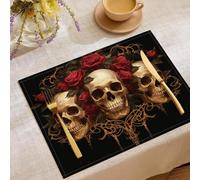 Lot de 6 Sets De Table Roses Rouges Crâne | Dessous Table Antidérapants en Coton Et Lin Style Gothique Classique Dessous Assiette Lavable pour Cuisine Et Salle à Manger Décor 45x30cm