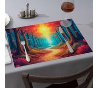 Lot de 6 sets de table rustiques résistants à la chaleur pour comptoir Motif chemin à travers une forêt avec cœurs rouges flottant dans l'air