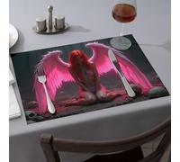 Lot de 6 sets de table rustiques résistants à la chaleur pour plan de travail - Femme avec des ailes roses lumineuses assis parmi des crânes dans une forêt sombre