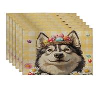 Lot de 6 sets de table saisonniers en forme de chien malamutes de l'Alaska, 30,5 x 45,7 cm, motif œufs et marguerites pour la maison, les fêtes d'animaux domestiques, décoration de cuisine