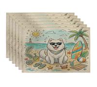 Lot de 6 sets de table saisonniers en forme de chien samoyède, 30,5 x 45,7 cm, motif coquillage de plage côtière, pour salle à manger, fête d'animaux domestiques, décoration de cuisine