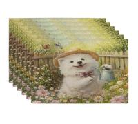 Lot de 6 sets de table saisonniers en forme de chien samoyède printanier, 30,5 x 45,7 cm, arrosoir amusant pour la maison, les vacances, la cuisine