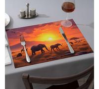Lot de 6 sets de table savane africaine au coucher du soleil avec éléphants, girafes et hippopotames, sets de table d'été faciles à nettoyer