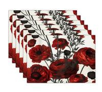 Lot de 6 Sets de Table, Style De Peinture Noire Brillante Lavable Napperons Résiste à la Chaleur Antidérapant Bouton d'or Dessous de Table pour Cuisine ou Table à Manger, Rouge Foncé