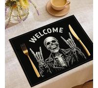Lot de 6 Sets de Table Style Minimaliste Rock, 45x30cm Set de Table Noir imprimés Crâne Texte Lavable, antidérapants Coton et Lin, pour fête Cuisine Salle à Manger décoration