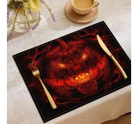 Lot de 6 Sets De Table Tête De Citrouille À Crocs | Dessous Table Antidérapants en Coton Et Lin Art Néon Sombre Dessous Assiette Lavable pour Cuisine Et Salle à Manger Décor 45x30cm