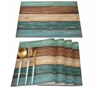 Lot de 6 sets de table Vandarllin - Style rétro rustique - En polyester - Résistants aux taches - Lavables - Décoration pour table de cuisine, de salle à manger - Bleu sarcelle, vert et marron