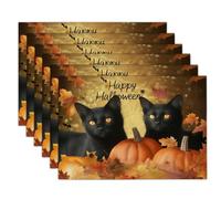 Lot de 6 Sets de Table Vent d'automne à la Ferme Texte du Chat Noir Citrouille | Jaune Orange Mélange Coton-Lin pour décoration de Tables à Manger, Cuisine et Linge de Table, 30 x 45 cm
