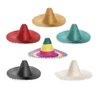 Lot de 6 sombreros mexicains en paille de couleurs mélangées avec pompons blancs attachés - Accessoire de déguisement Mexico Fiesta Cinco de Mayo