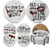Lot de 6 sous-verres absorbants en céramique avec support pour femme avec dos en liège, 6 dictons amusants pour les amateurs de vin, cadeaux de pendaison de crémaillère