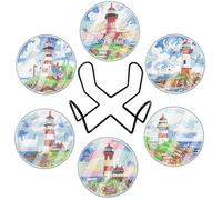 Lot de 6 sous-verres de peinture diamant avec support, dessous de verre diamant mandala 5D avec film de protection, Diamond Painting Adulte Type Sous-verres pour décoration de la maison (Phare-07)