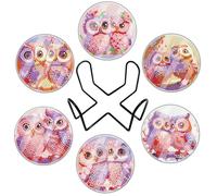 Lot de 6 sous-verres de peinture diamant avec support, dessous de verre diamant mandala 5D avec film de protection, Diamond Painting Sous-verres pour adultes pour décorations de maison (chouette 08)