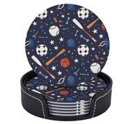 Lot de 6 sous-verres en cuir à motifs de balles et de battes de sport, avec support, pour boissons, ronds, parfaits pour le salon, la cuisine ou la salle à manger. Décoration idéale pour la salle à ma