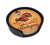 Lot de 6 sous-Verres en Cuir pour Boissons avec Support Happy Thanksgiving Day Turkey Pumpkins Coaster Sets Drink Table Cup Coasters for Living Room Kitchen Coffee Decor