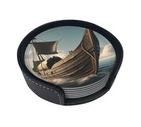 Lot de 6 sous-Verres Ronds en Cuir à imprimé Bateau Viking Ancien avec Plateau en Cuir pour la Maison et Le Bureau