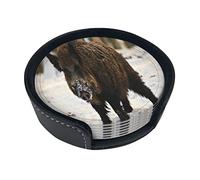 Lot de 6 sous-verres ronds en cuir avec support Motif chasse un sanglier