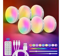 Lot de 6 spots LED RGB avec détecteur de mouvement, avec télécommande, lampe de chevet LED sans fil et rechargeable, pour murs, escaliers, cuisine, placards, sous meuble, armoires