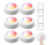 Lot de 6 spots LED RGBW - Éclairage d'armoire sans fil - 16 couleurs - Veilleuse LED avec télécommande, variateur et minuterie - Cuisine sans câble - Éclairage LED avec batterie - Blanc