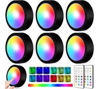 Lot de 6 spots LED RVB à piles avec télécommande, éclairage d'armoire LED RVB sans fil, éclairage d'armoire, éclairage d'étagère, éclairage de vitrine pour chambre à coucher, penderie, cabinet