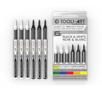 Lot de 6 stylos de peinture acrylique noir - Marqueurs pinceaux flexibles avec contrôle automatique du débit, 1 à 5 mm, à base d'eau, illustration, lettrage et utilisation multi-surfaces (verre, bois