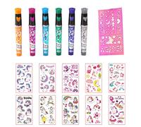 Lot de 6 stylos de tatouage colorés avec 1 carte de coloriage en forme de cœur et 10 autocollants de tatouage de dessin animé pour les fêtes et les fêtes à thème graffiti pour hommes et femmes
