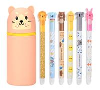 Lot de 6 stylos gel effaçables avec tête d'animal + trousse à crayons 2 en 1 en silicone 2 en 1 pour fille - Stylo gel effaçable 0,5 mm noir - Trousse à crayons pour l'école, l'université, le bureau